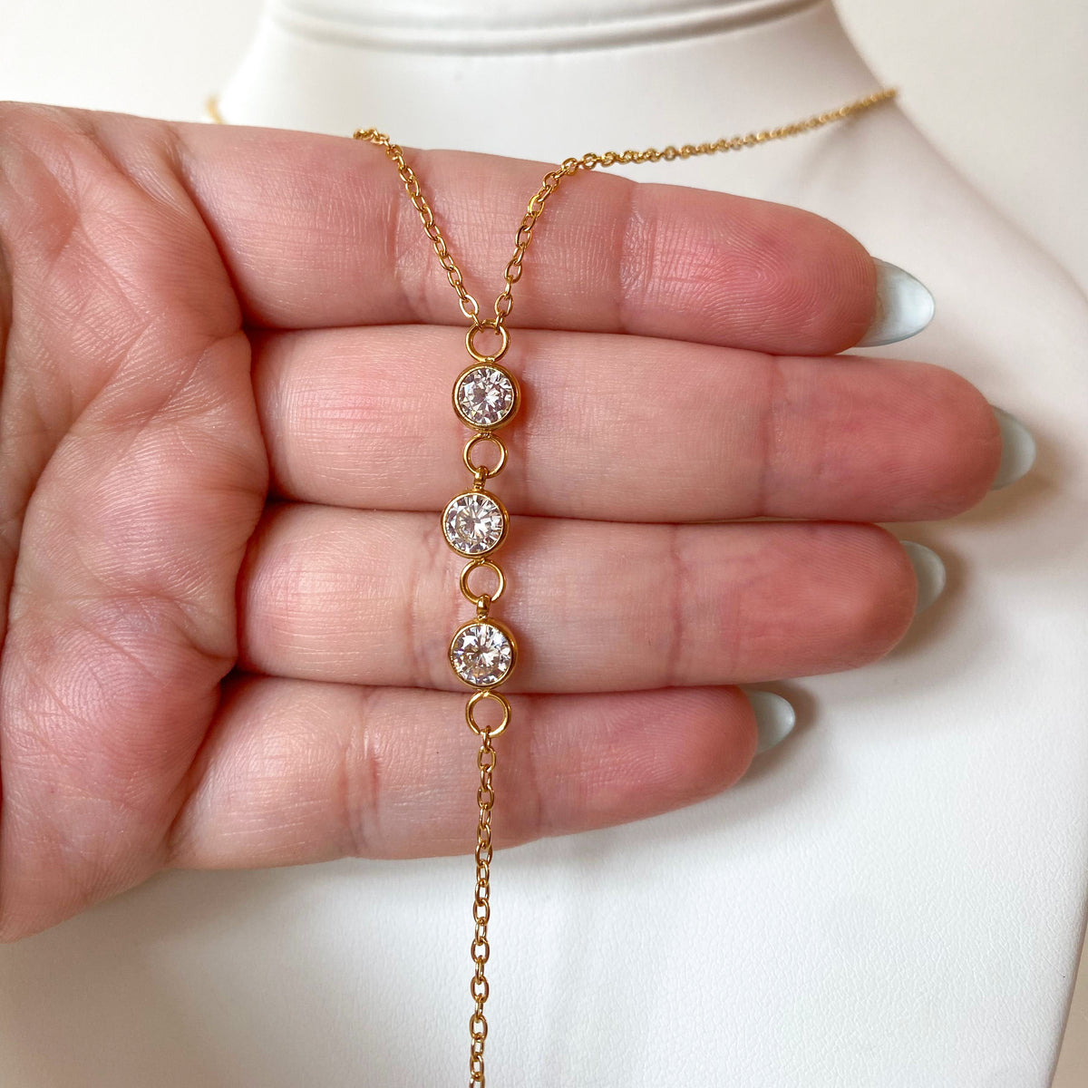 Golden Steel Zircons Drop Y Style Necklace