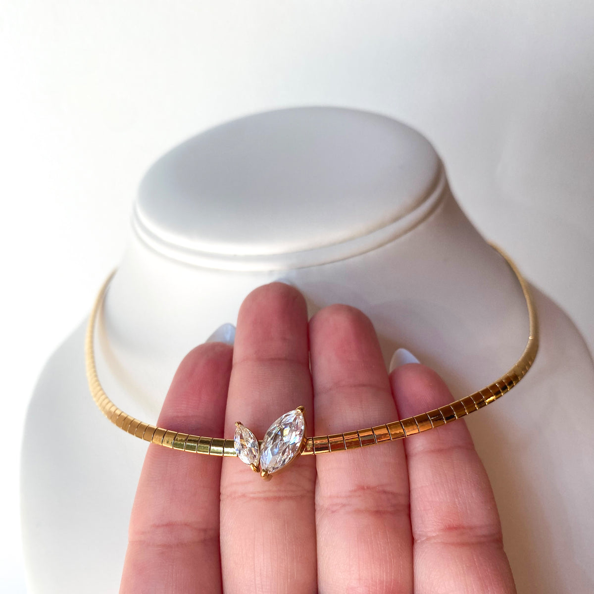 Golden Double Zircon Choker Steel Necklace