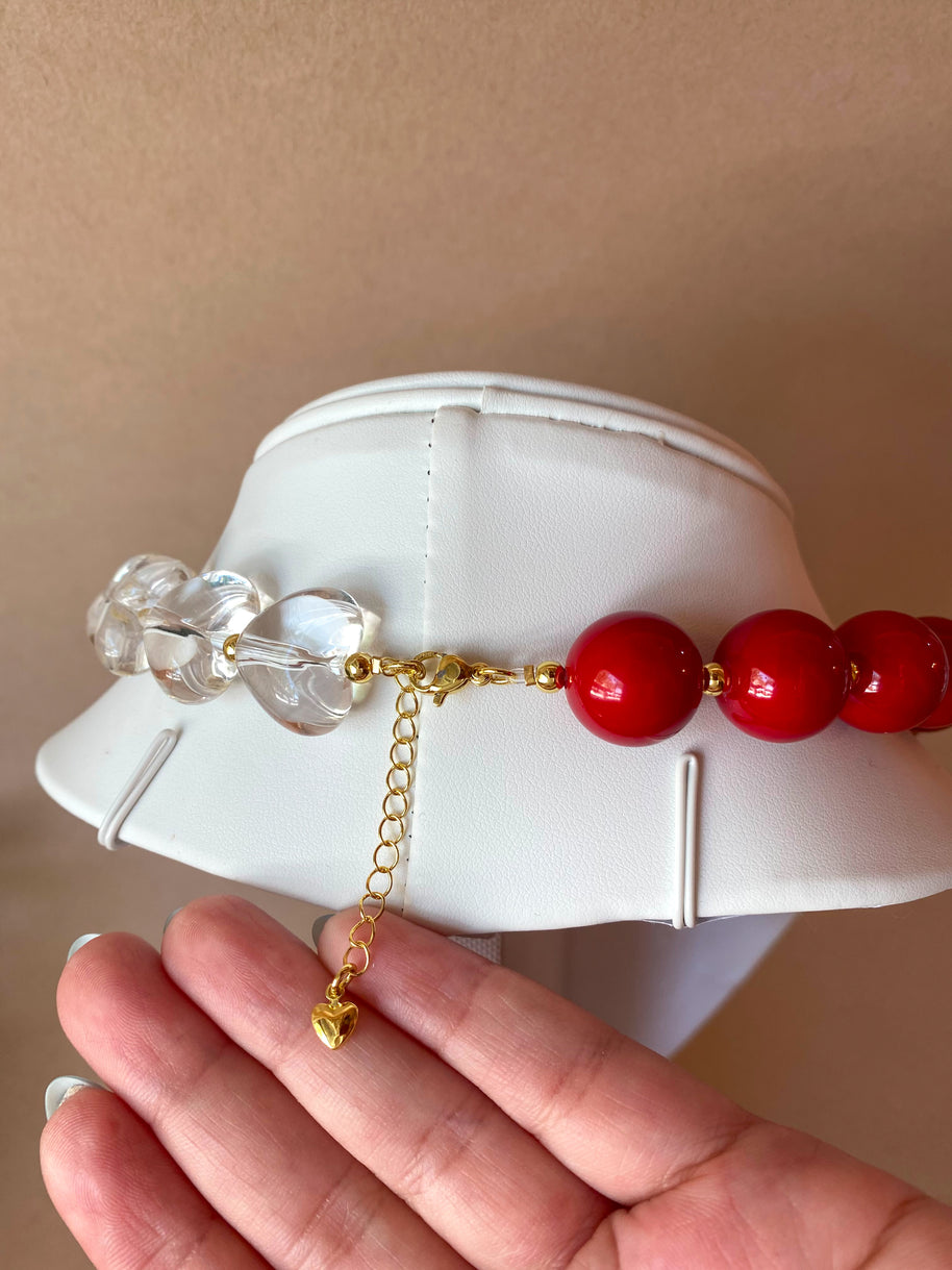 Red & Clear Ceramic Balls and Hearts Pattern Necklace