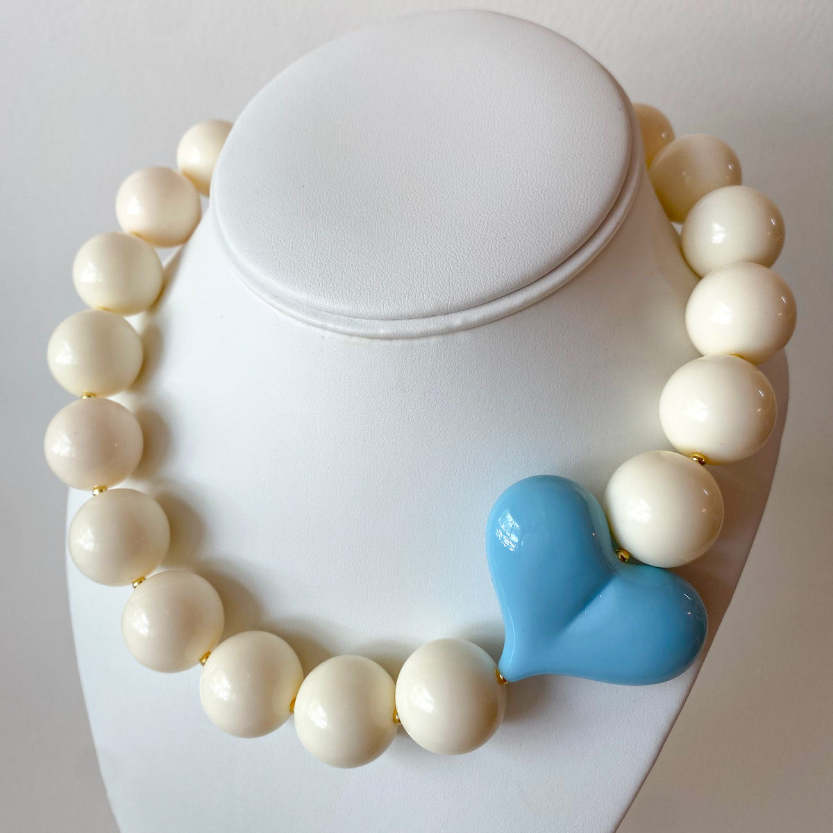 Acrylic White Gumball Bead with Light Blue Heart Necklace