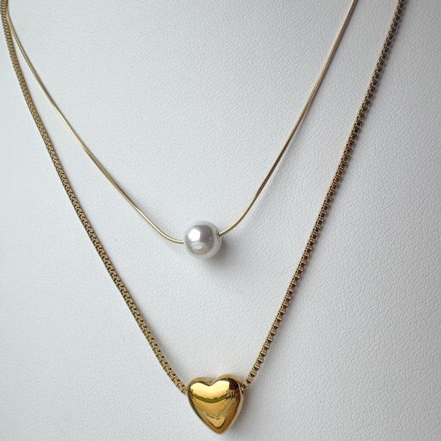 Double Pearl & Golden Heart Necklace