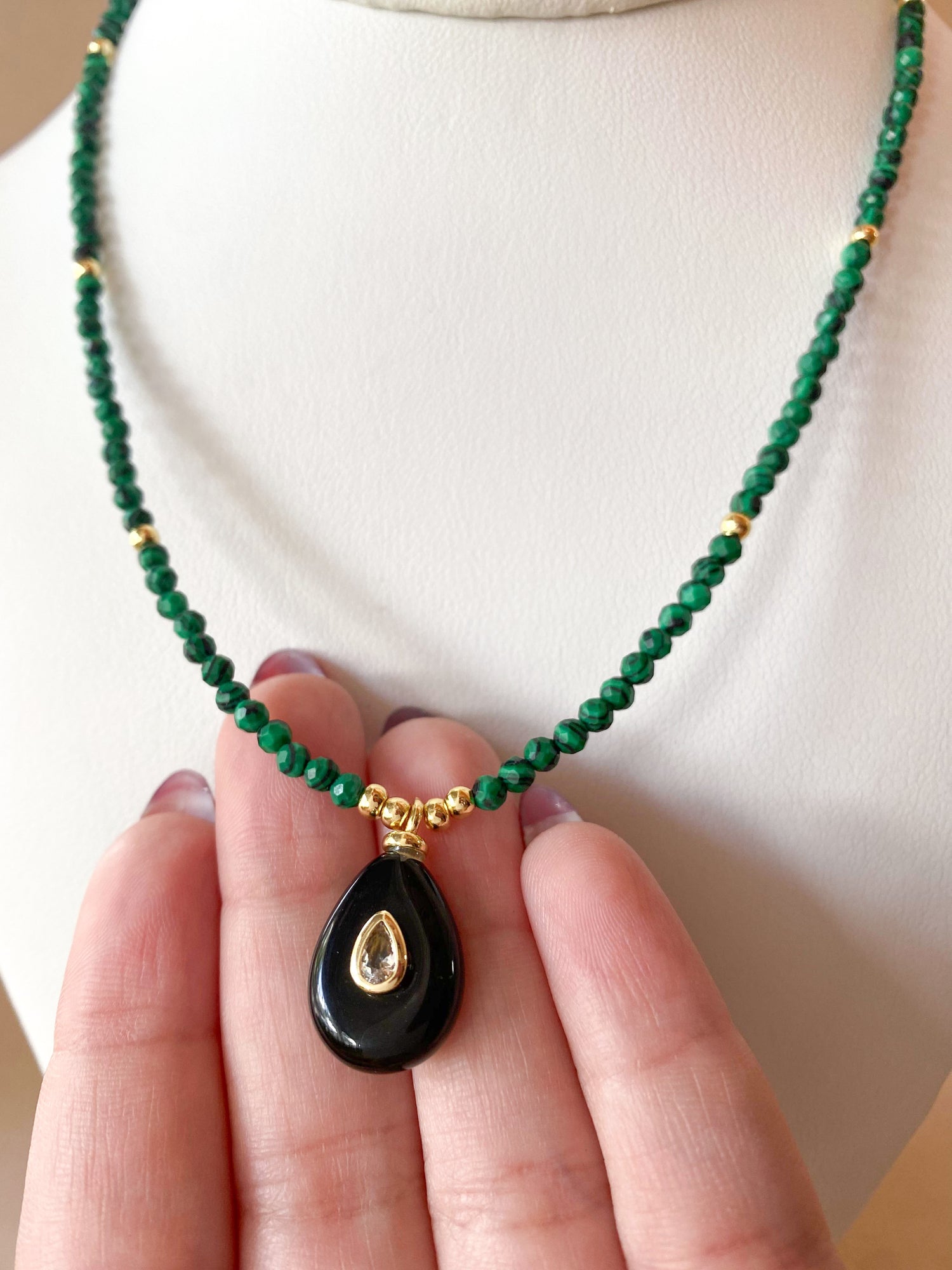 Black Quartz Circular Charms in Malachite Green Necklace