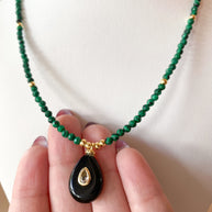 Black Quartz Circular Charms in Malachite Green Necklace