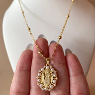 Divina Pastora Virgin Pearls Oval Medal Necklace