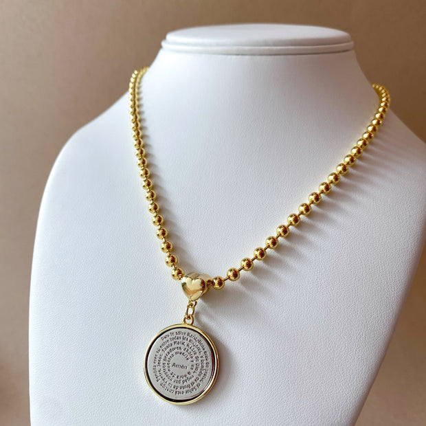 "Hail Mary" Silver and Gold Prayer Medal Heart Necklace