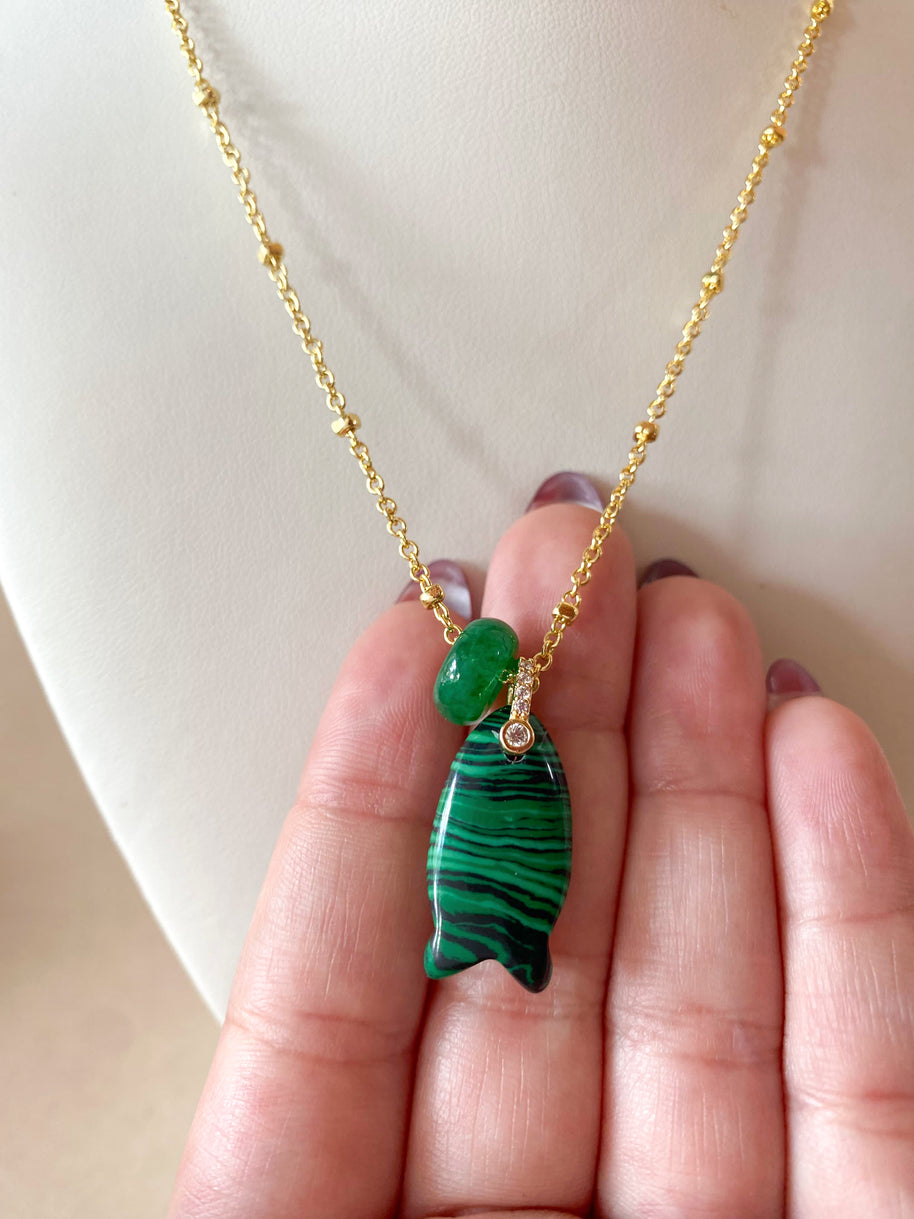 Green Malachite Stone Fish Charm and Turkish Necklace