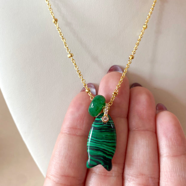 Green Malachite Stone Fish Charm and Turkish Necklace