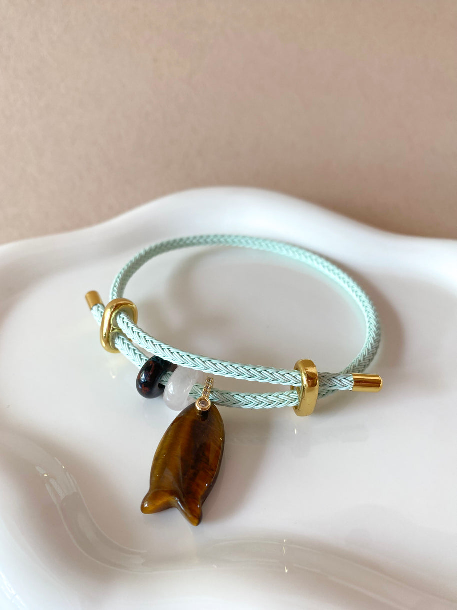 Fish and 2 Turkish Stone Tiger Eye Adjustable Bracelet