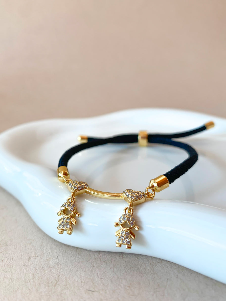 2 Shiny Girls and Heart Black Adjustable Bracelet