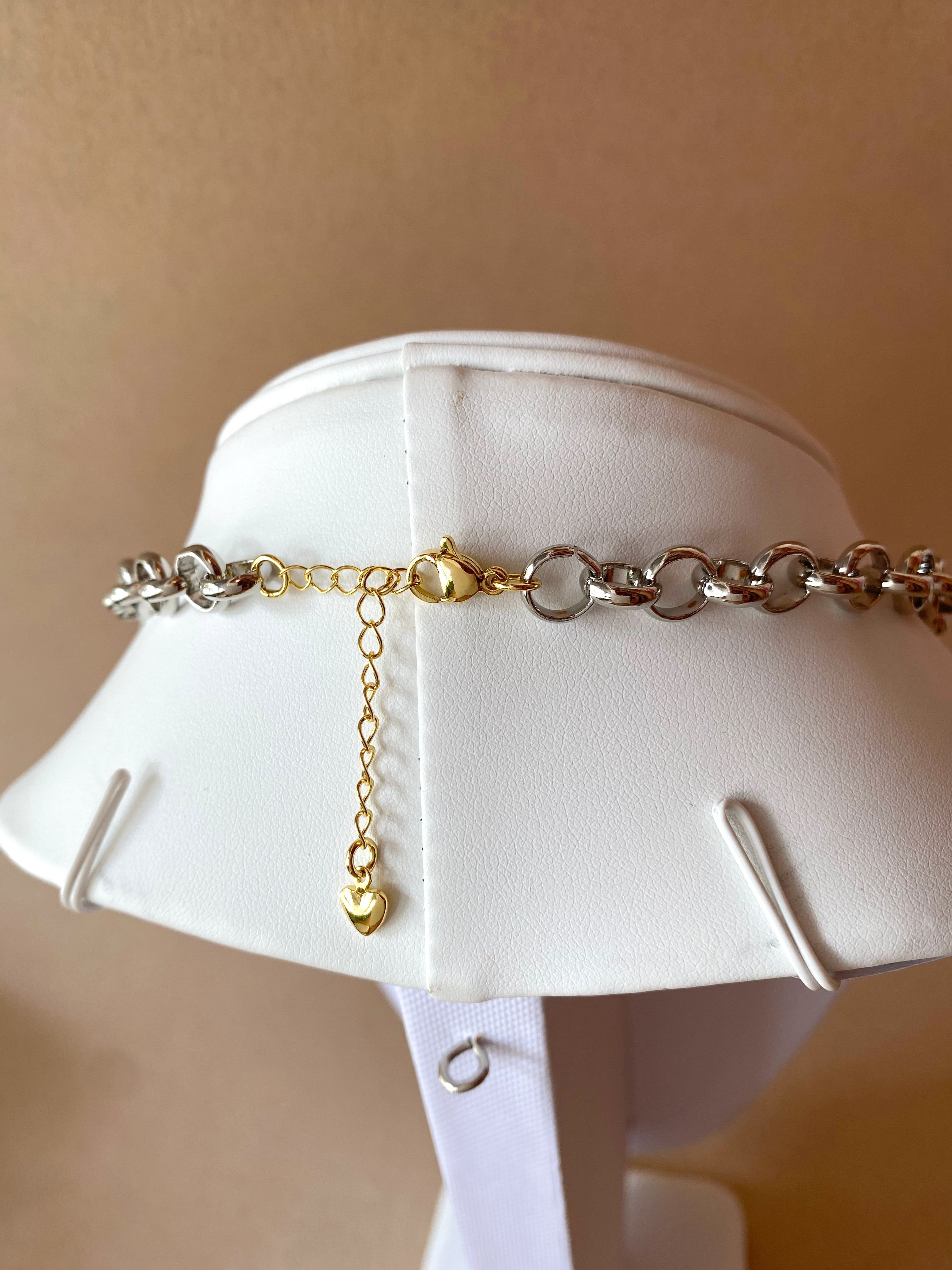 Silver and Gold Links Style Evil Eye, Horn and Turkish Stone Necklace