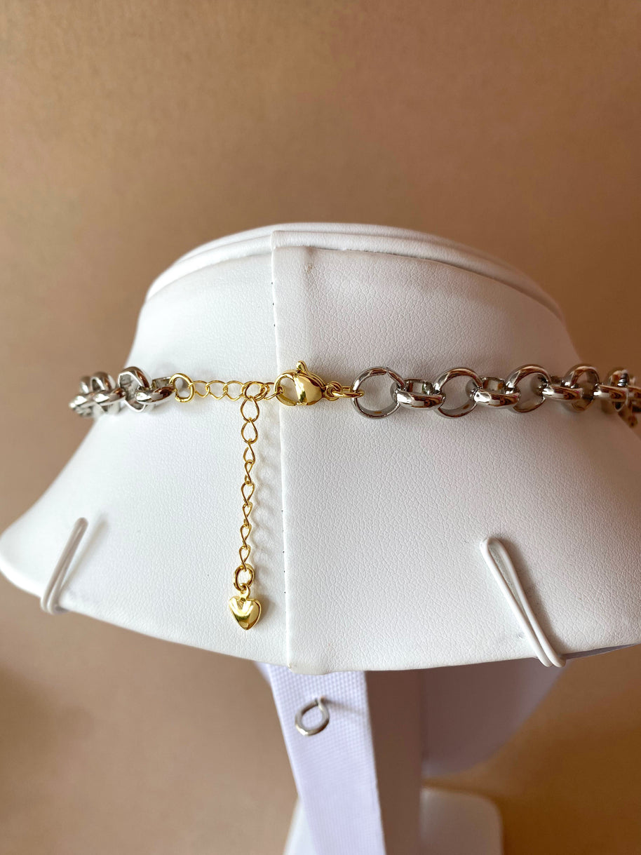 Silver and Gold Links Style Evil Eye, Horn and Turkish Stone Necklace