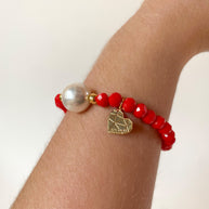 Pearl, Heart and Red Crystals Elastic Bracelet