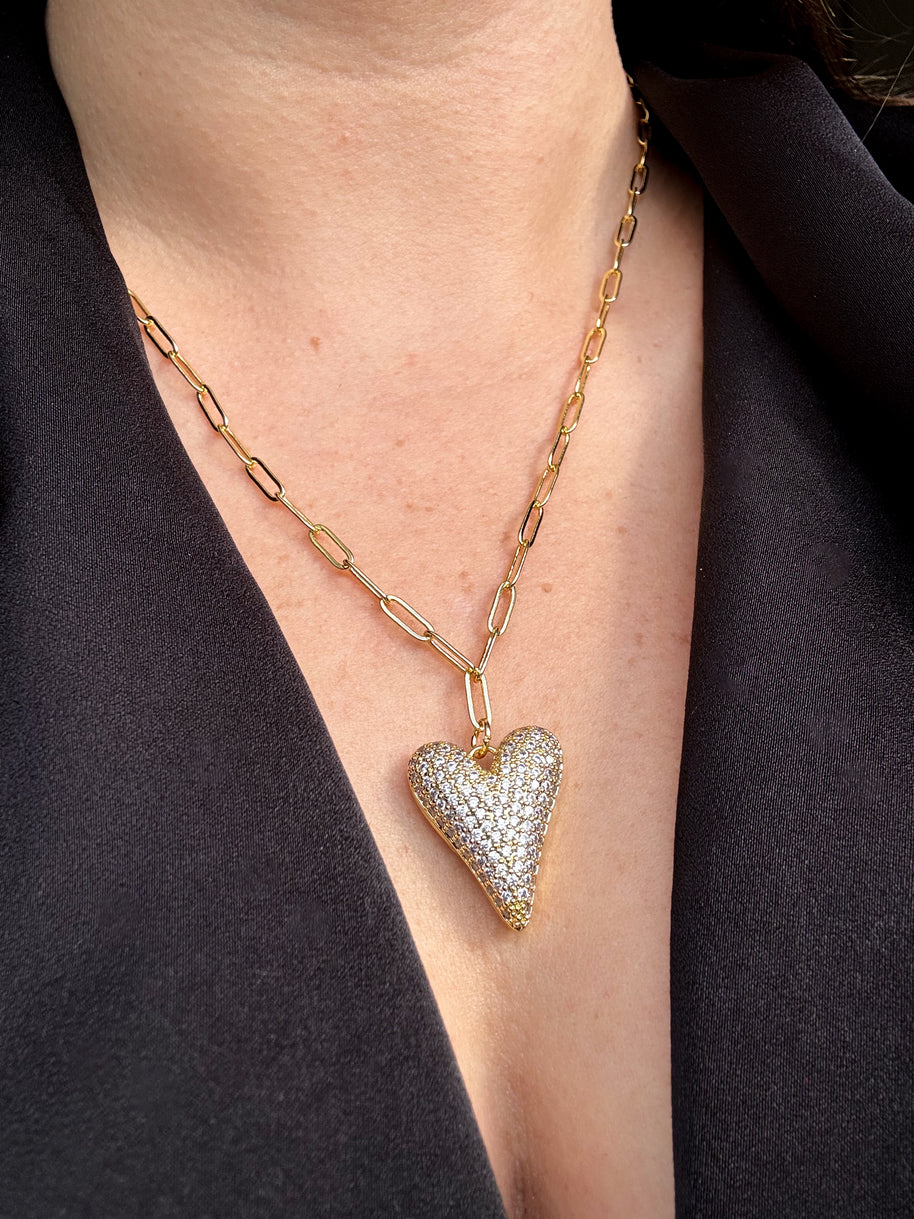 Shiny Zirconia Heart Paper Clip Necklace