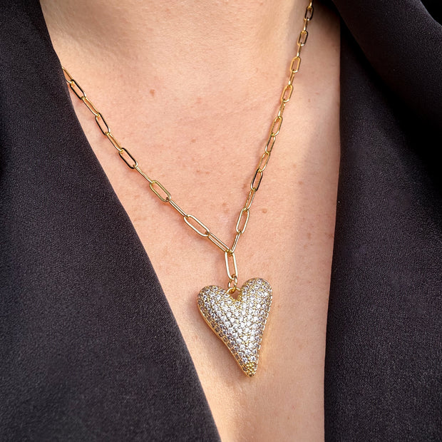 Shiny Zirconia Heart Paper Clip Necklace