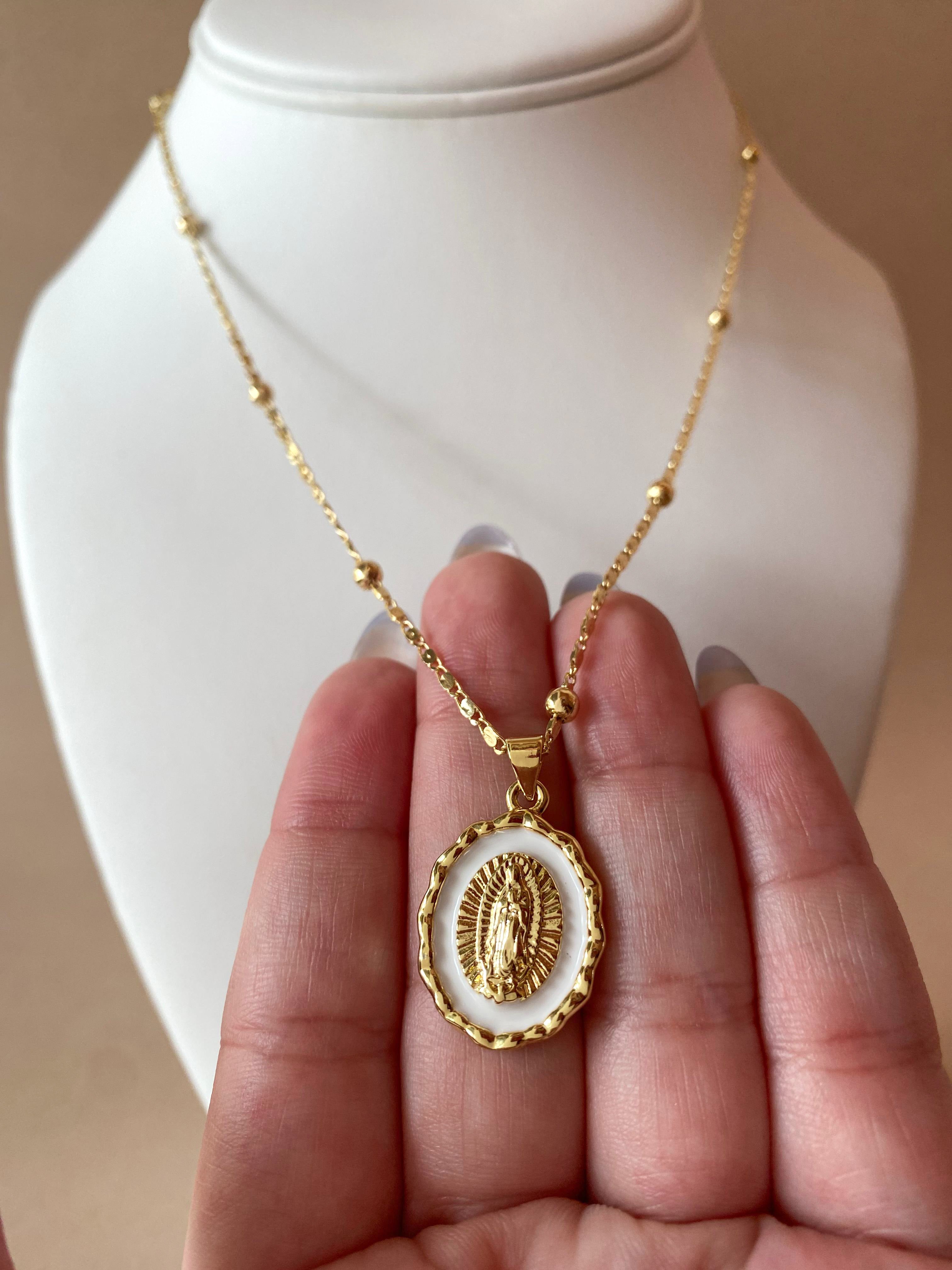 Guadalupe Virgin White Medal Necklace