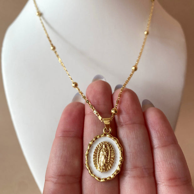 Guadalupe Virgin White Medal Necklace