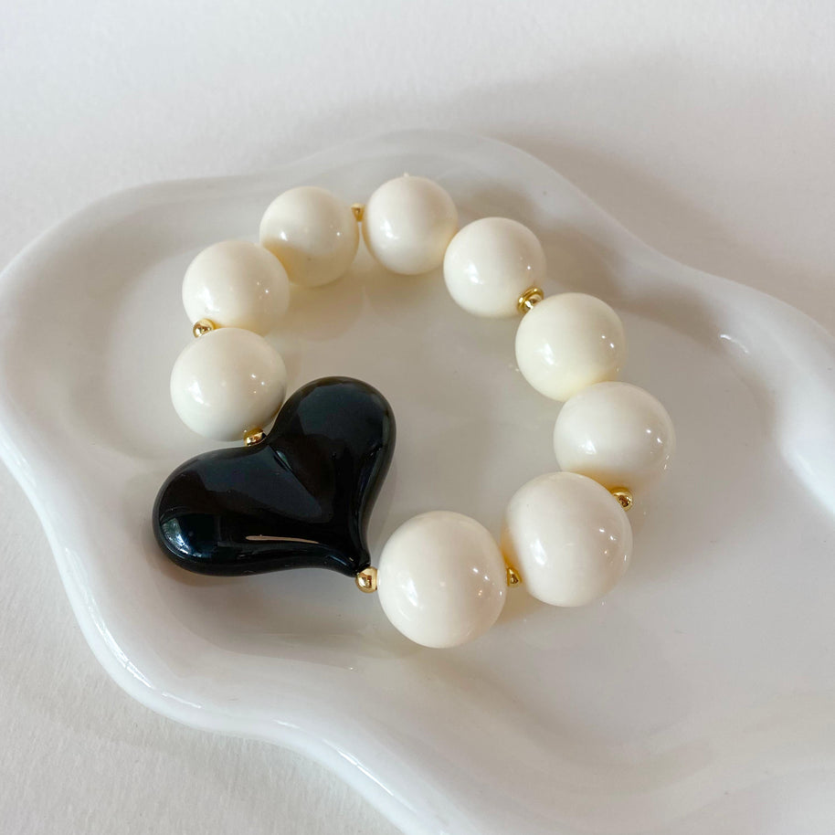 Acrylic White Gumball Bead with Black Heart Bracelet