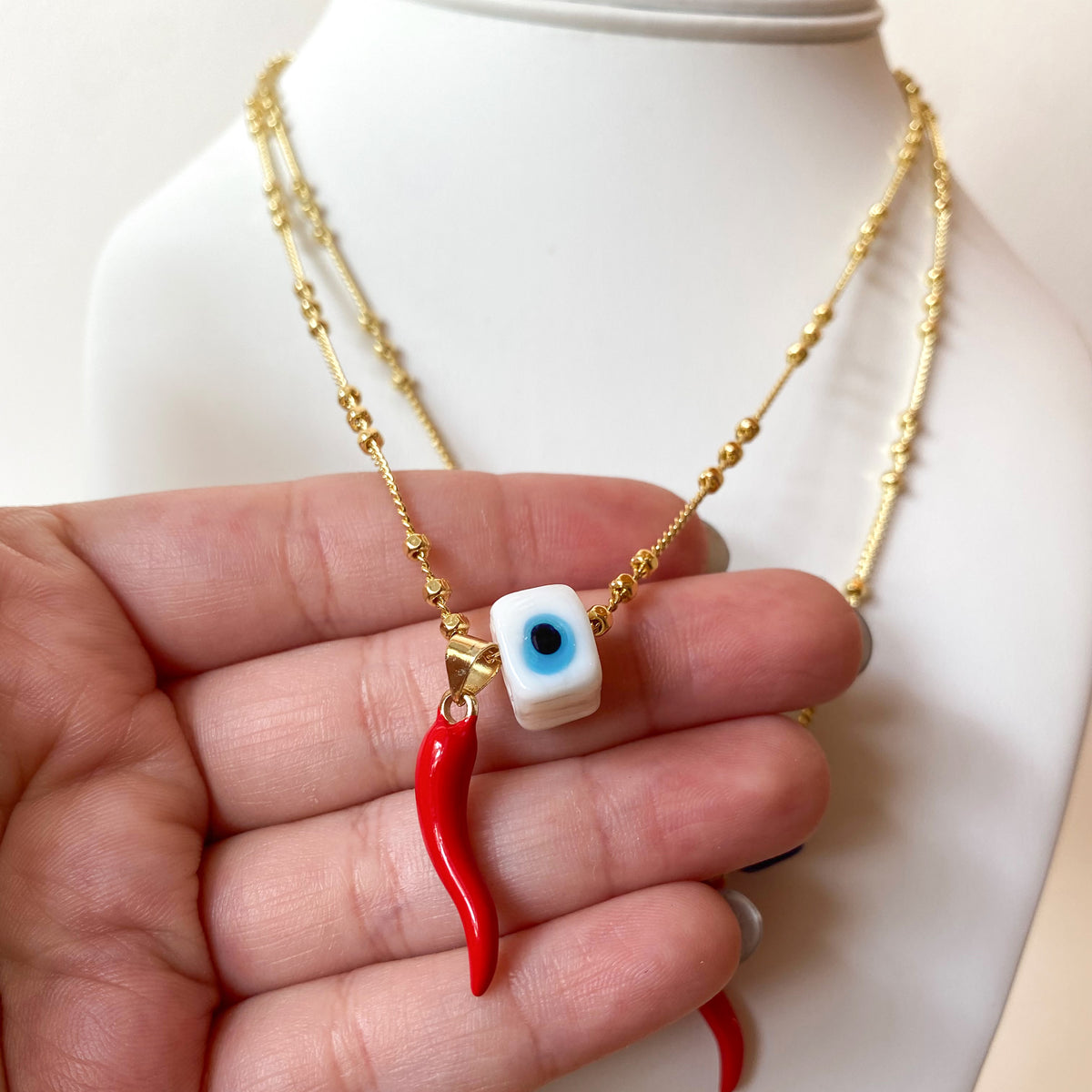 Red Horn Turkish White or Blue Evil Eye Necklaces