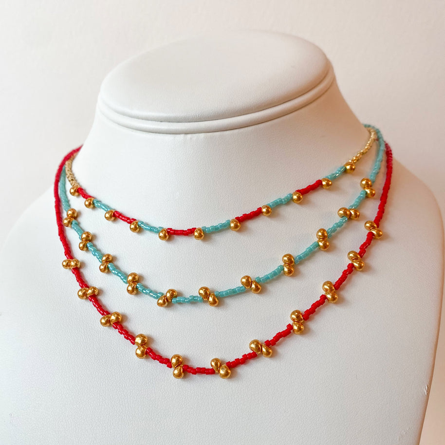 Red and Turquoise Blue Golden Miyuki Choker Necklace