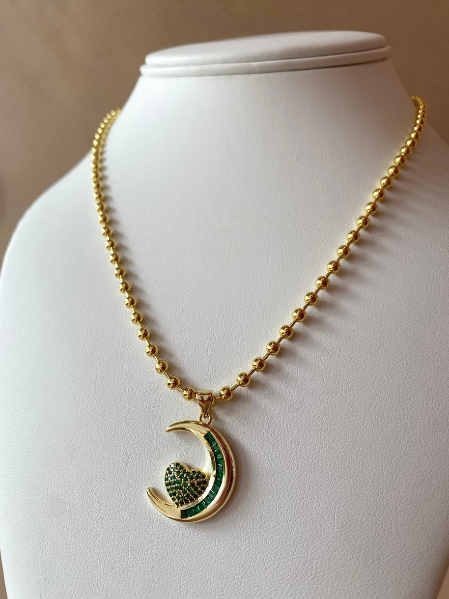 Heart and Moon Green Necklace
