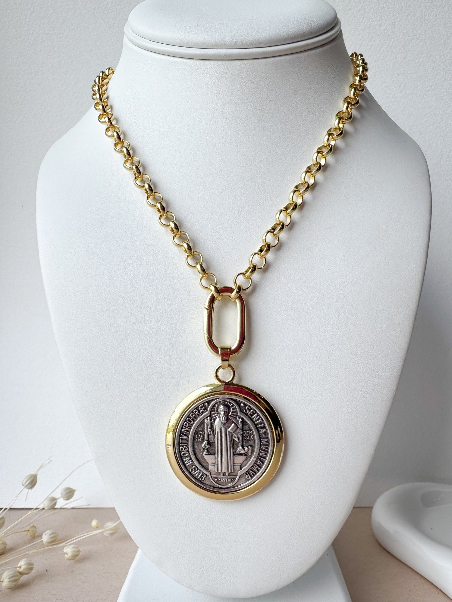 Big Golden Saint Benedict Medal Necklace