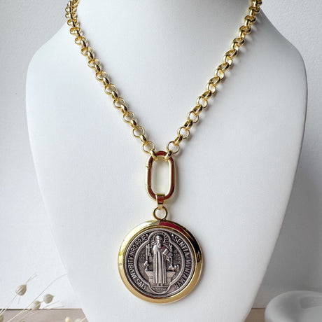 Big Golden Saint Benedict Medal Necklace