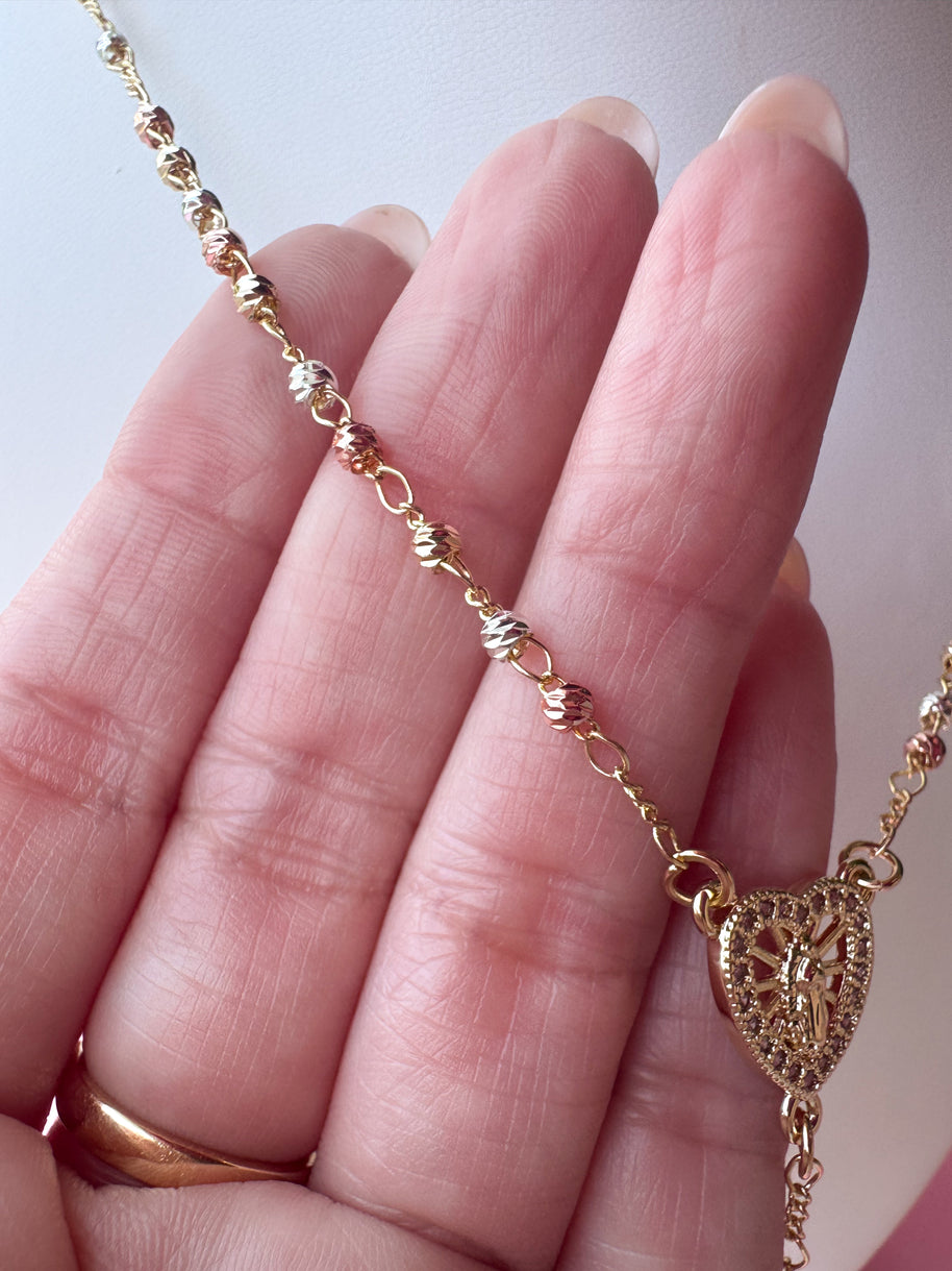 Guadalupe Heart Shape 3 Gold Rosary