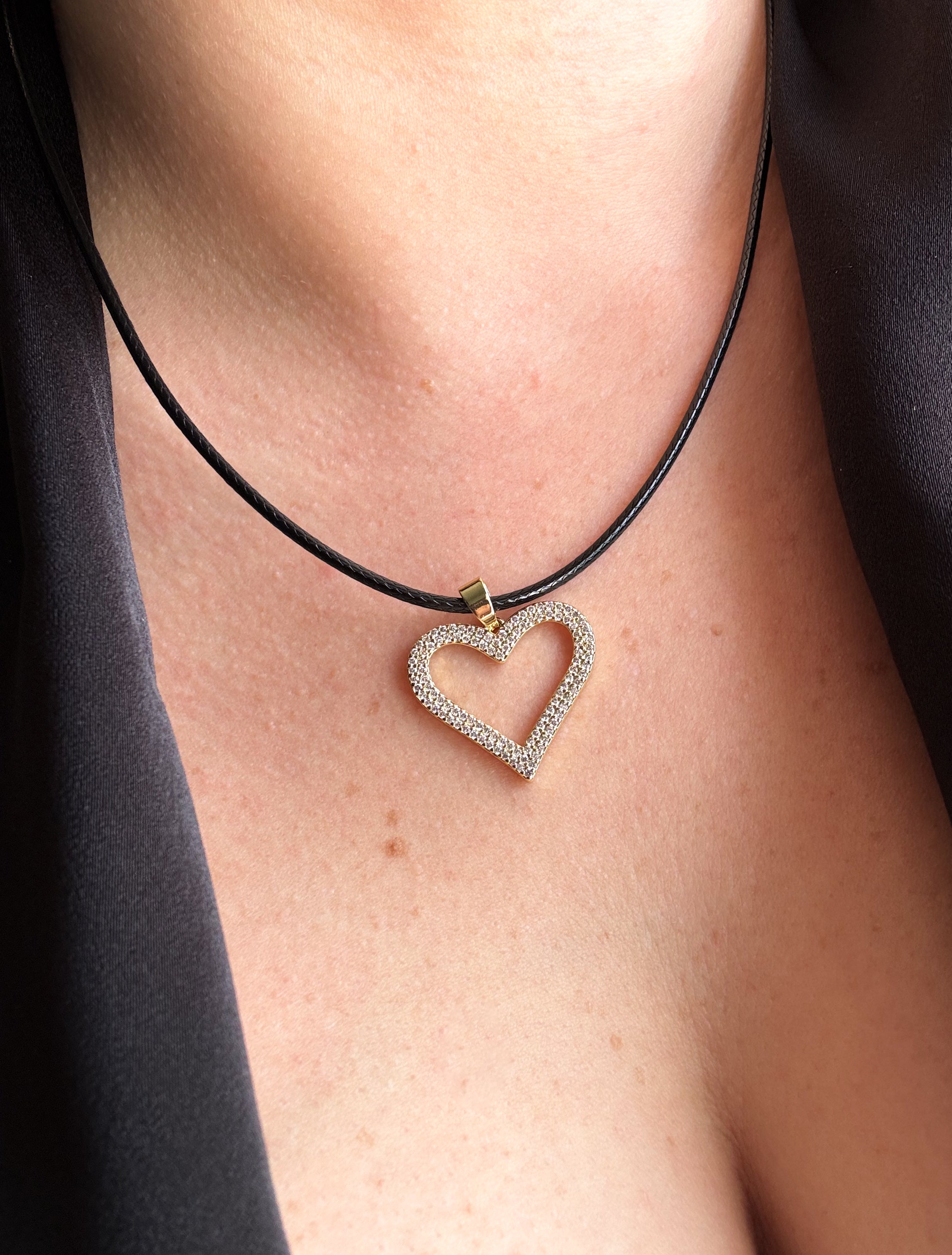 Shiny Hearts Black Leather Necklace