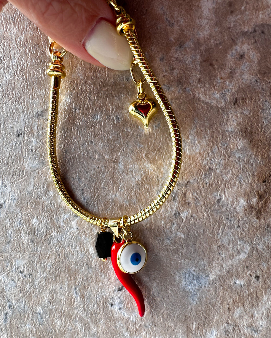 Red Horn + Azabache + Evil Eye Charms Bracelet