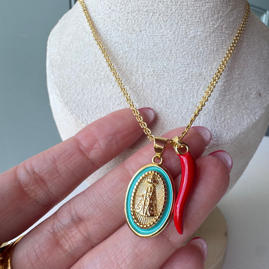Virgin of the Valley Red Horn Chinese Fabric Chain Necklace