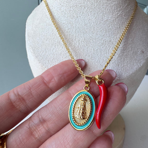 Virgin of the Valley Red Horn Chinese Fabric Chain Necklace