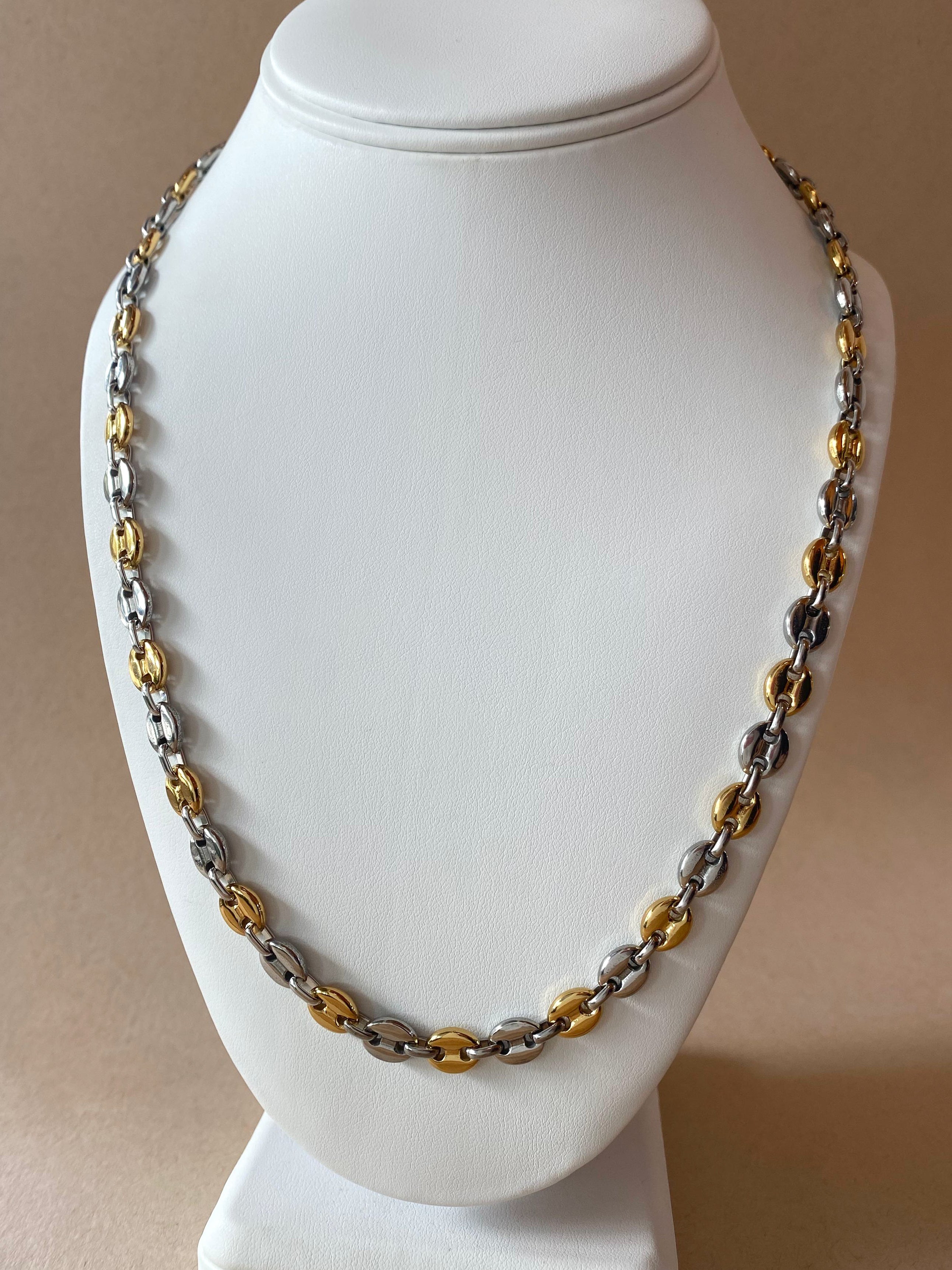 Large Silver & Gold Steel Coffee Grain Necklace