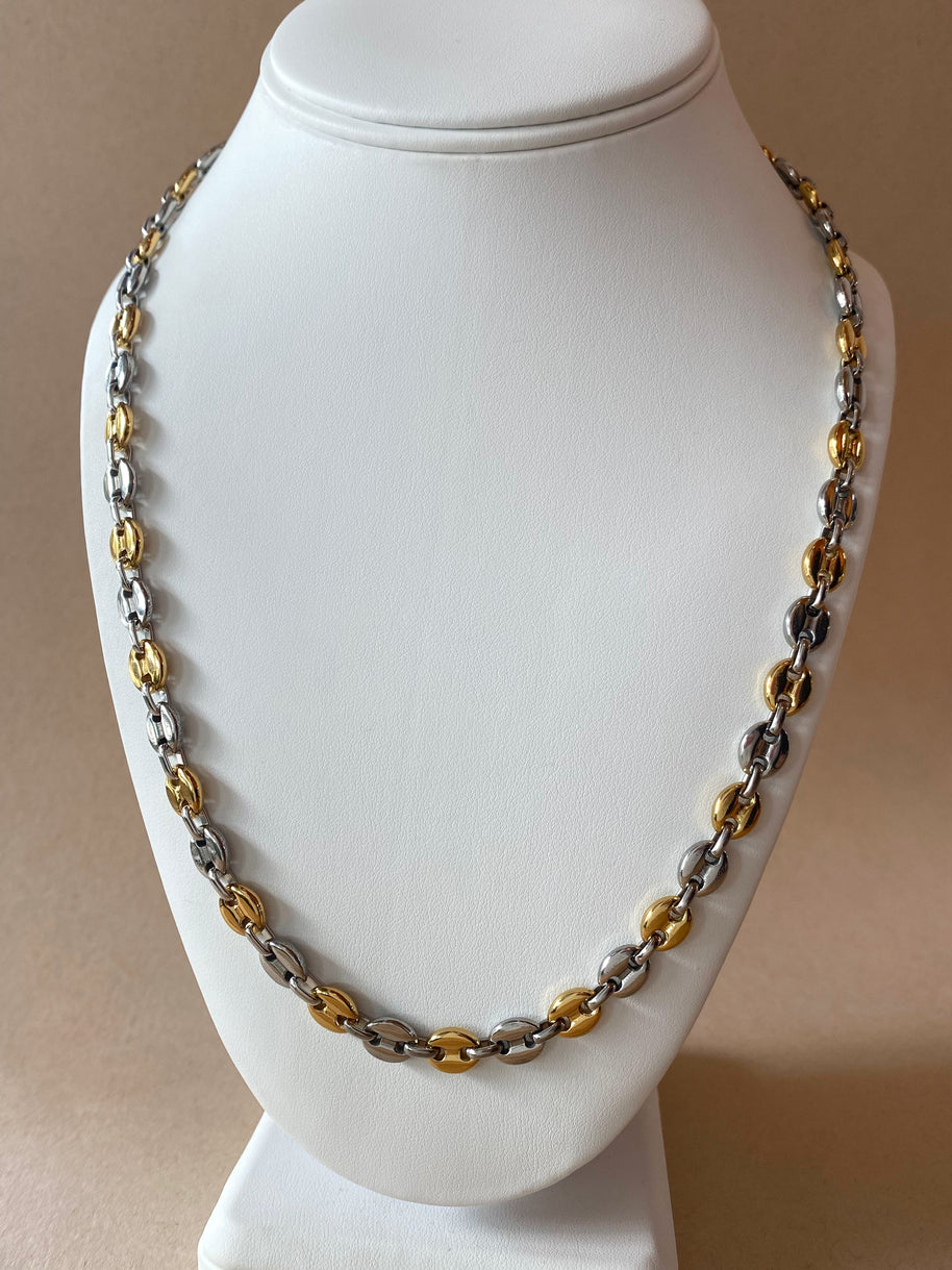 Large Silver & Gold Steel Coffee Grain Necklace