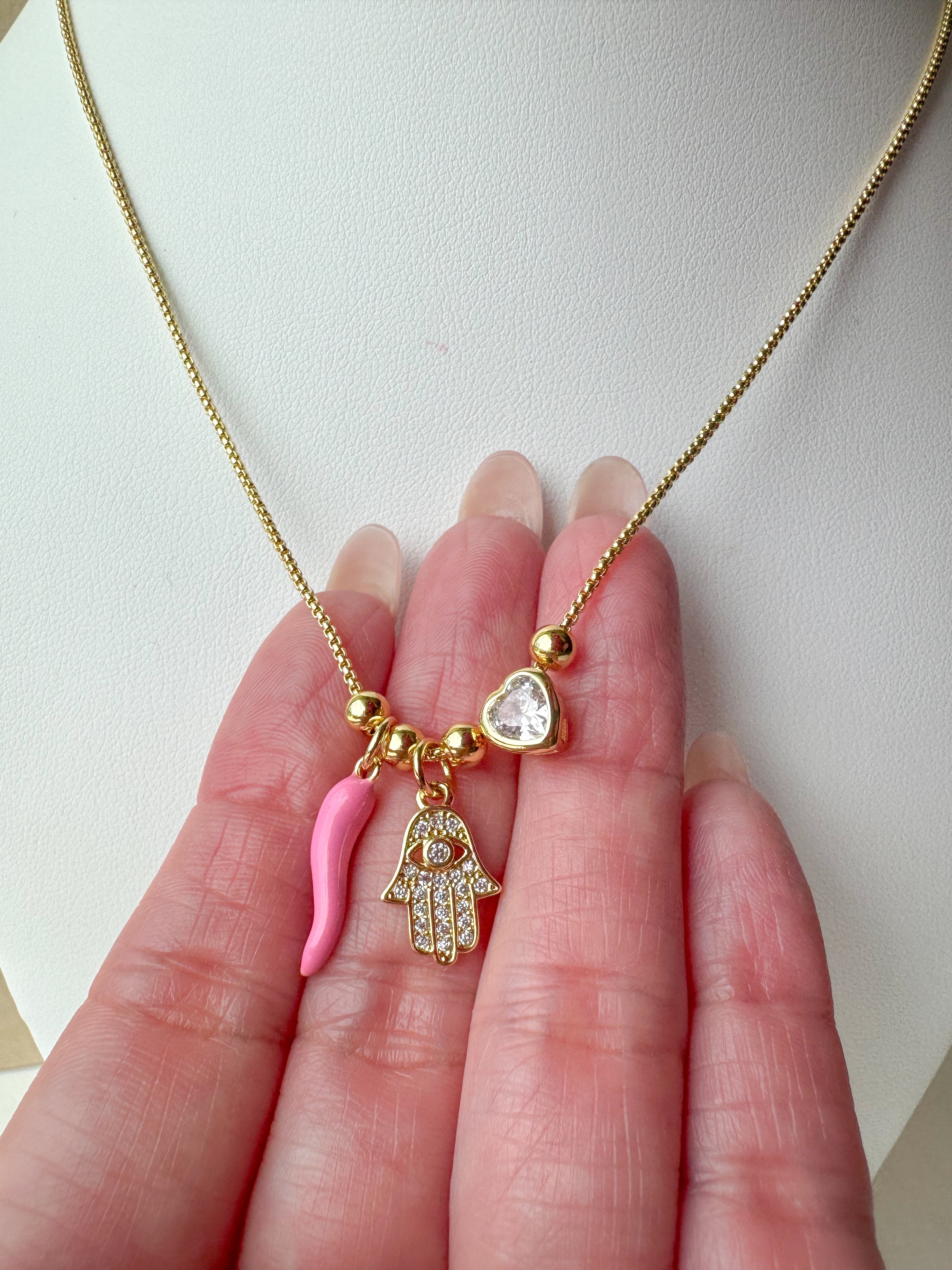 Pink Hamsa 🪬 Charms Necklace