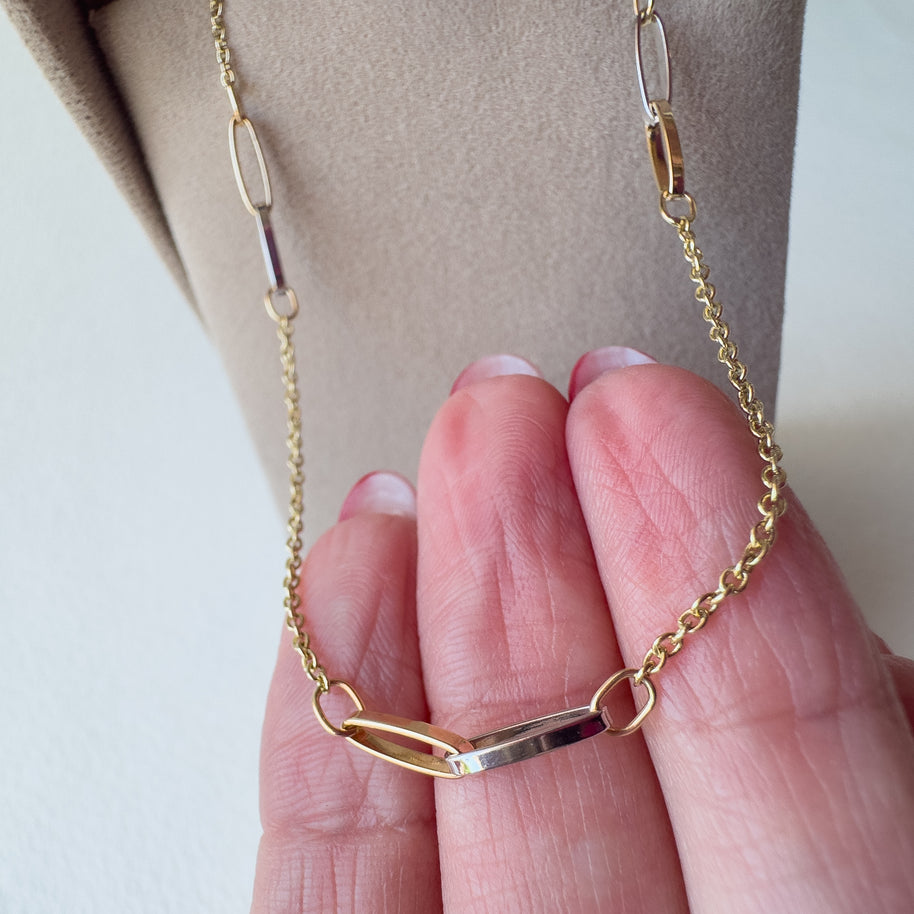 Gold and Silver PaperClip Station Chain 14k Solid Gold Necklace