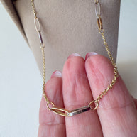 Gold and Silver PaperClip Station Chain 14k Solid Gold Necklace