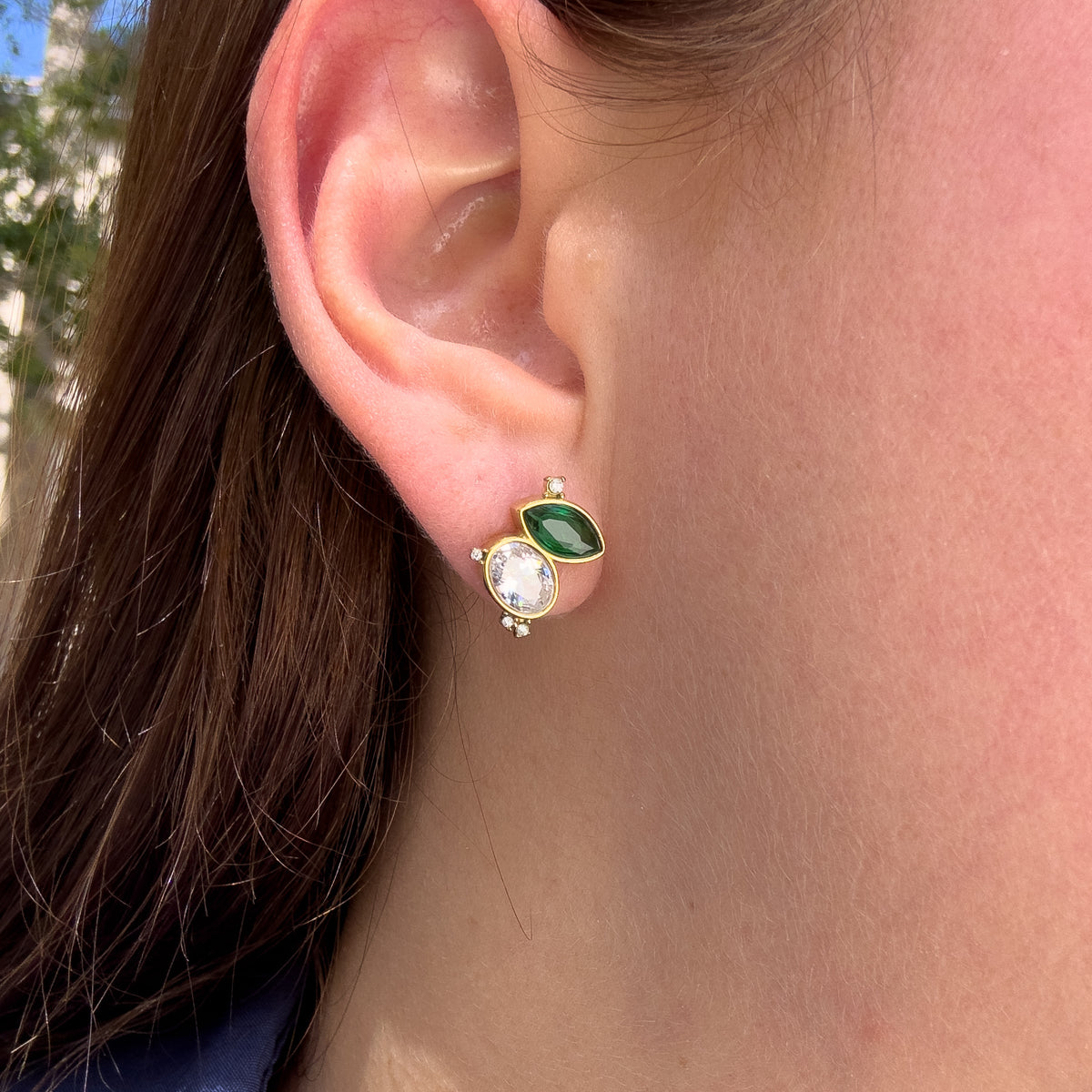 2 Drop Zircon Green and Clear Steel Earrings