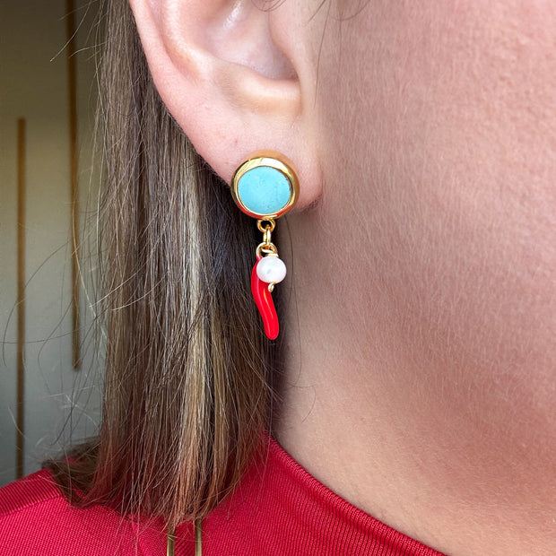 Red Cornicello & Blue Pearl Earrings