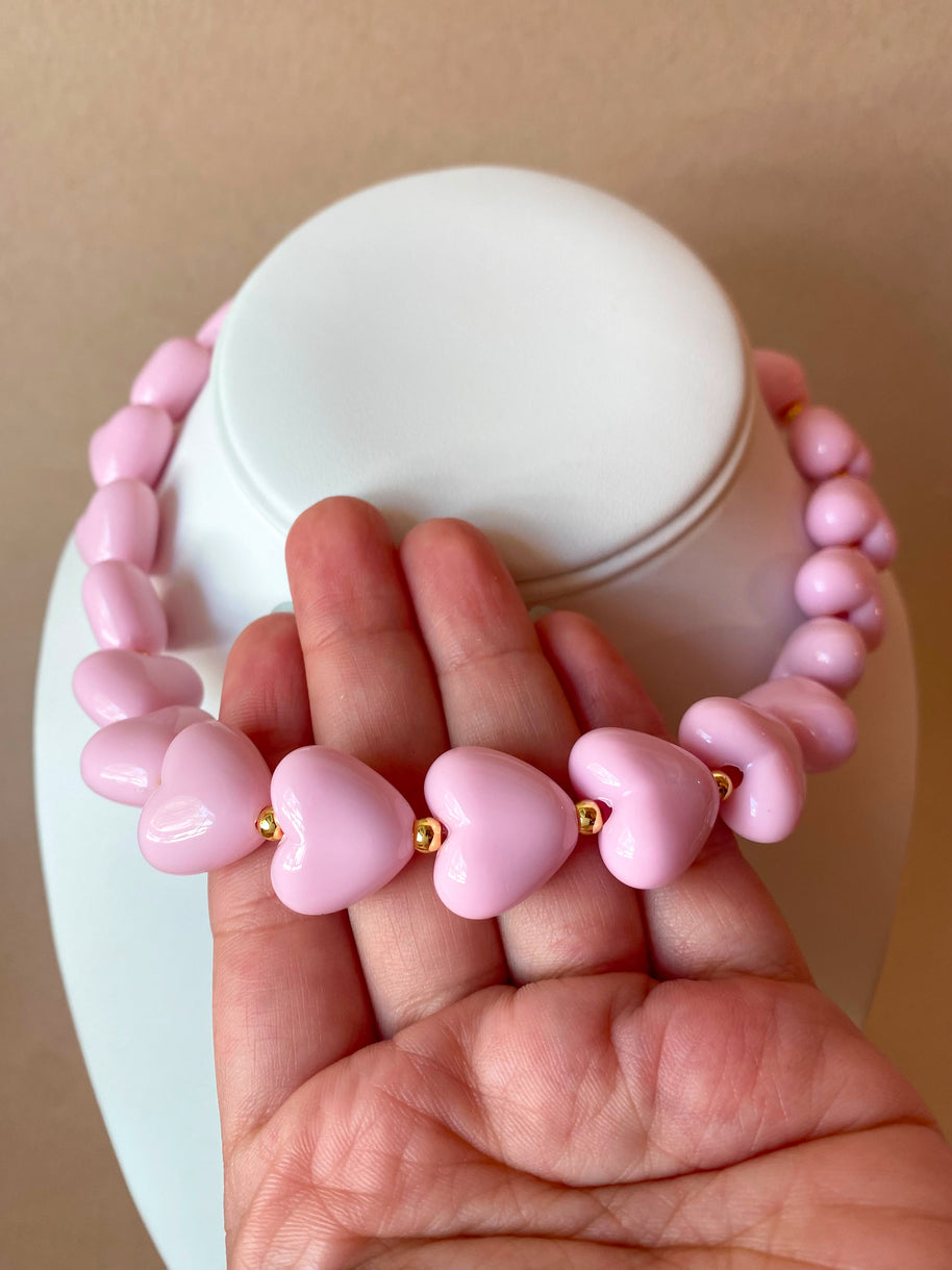 Pink Ceramic Hearts Pattern Necklace