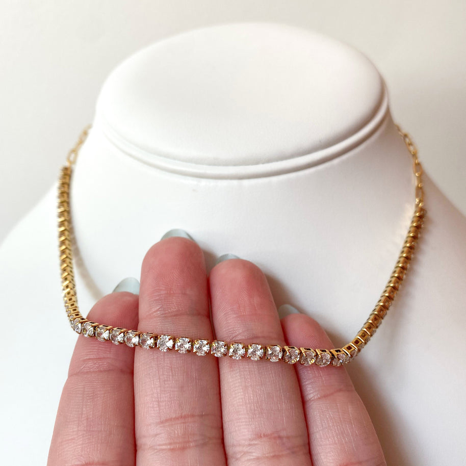 Tennis Zircon Golden Paperclip Steel Necklace