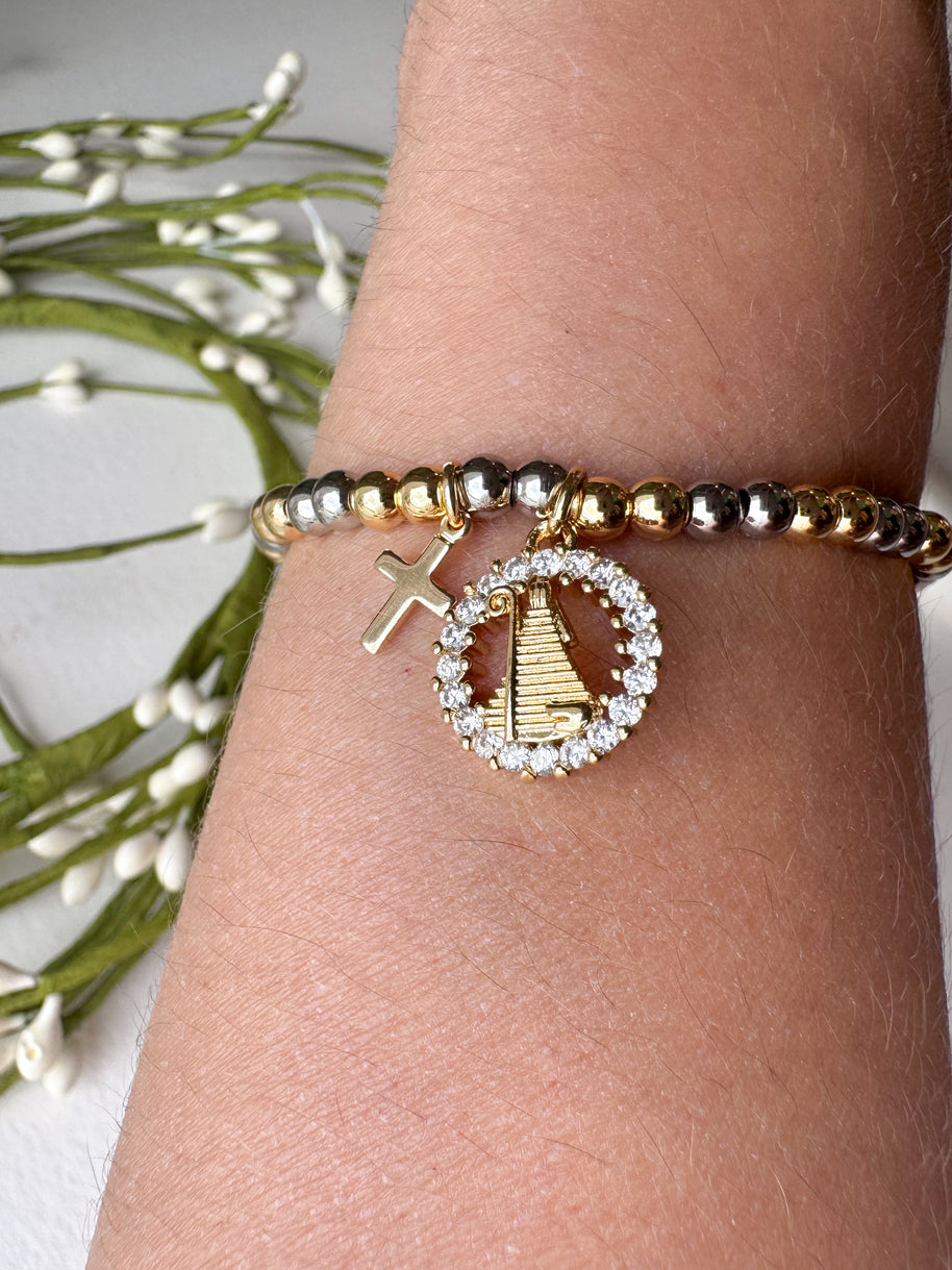 2 Gold Cross & Virgin Crystal Medal Elastic Bracelet