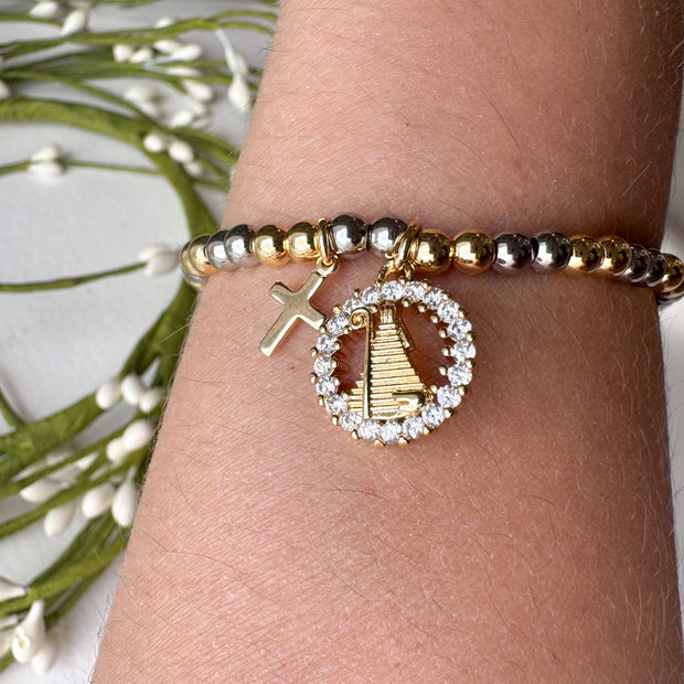2 Gold Cross & Virgin Crystal Medal Elastic Bracelet
