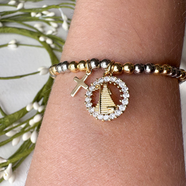 2 Gold Cross & Virgin Crystal Medal Elastic Bracelet
