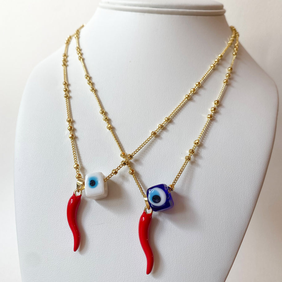 Red Horn Turkish White or Blue Evil Eye Necklaces