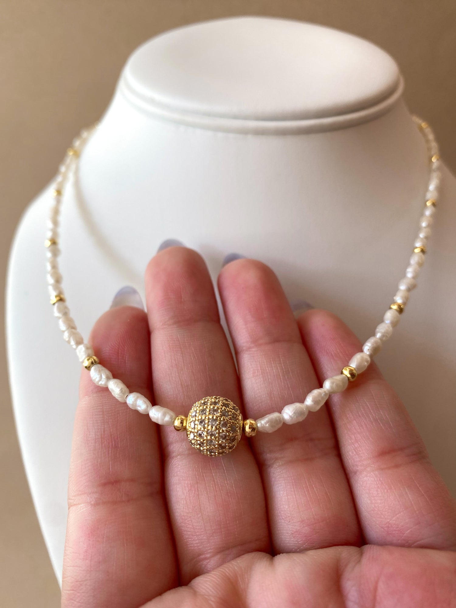Little Pearls and Golden Fire Ball Charm Necklace
