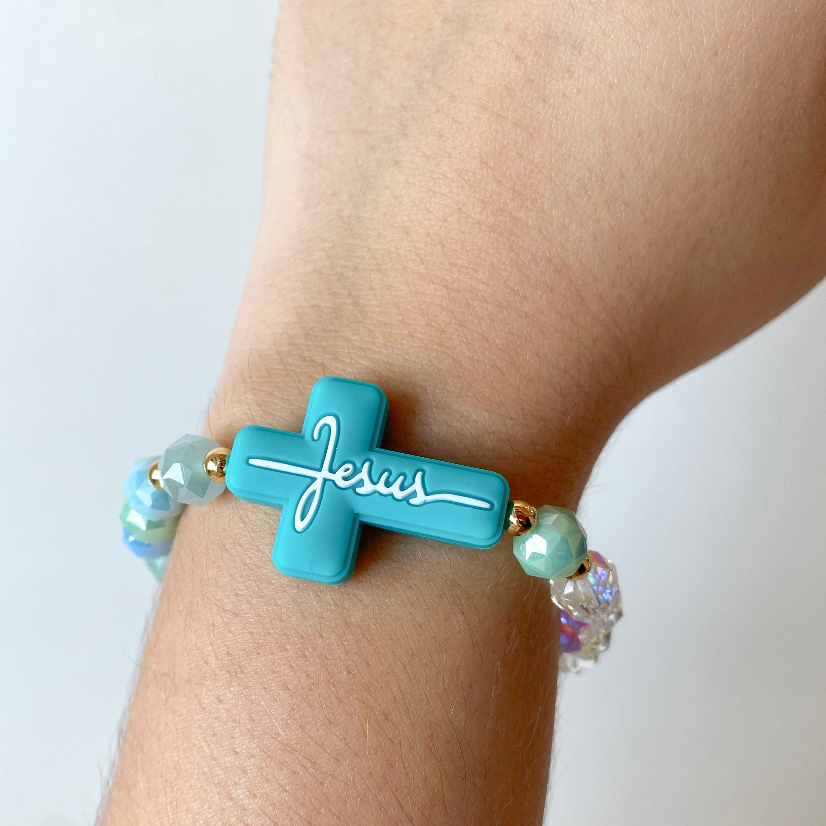 Colorful Jesus Cross Crystal Elastic Bracelets