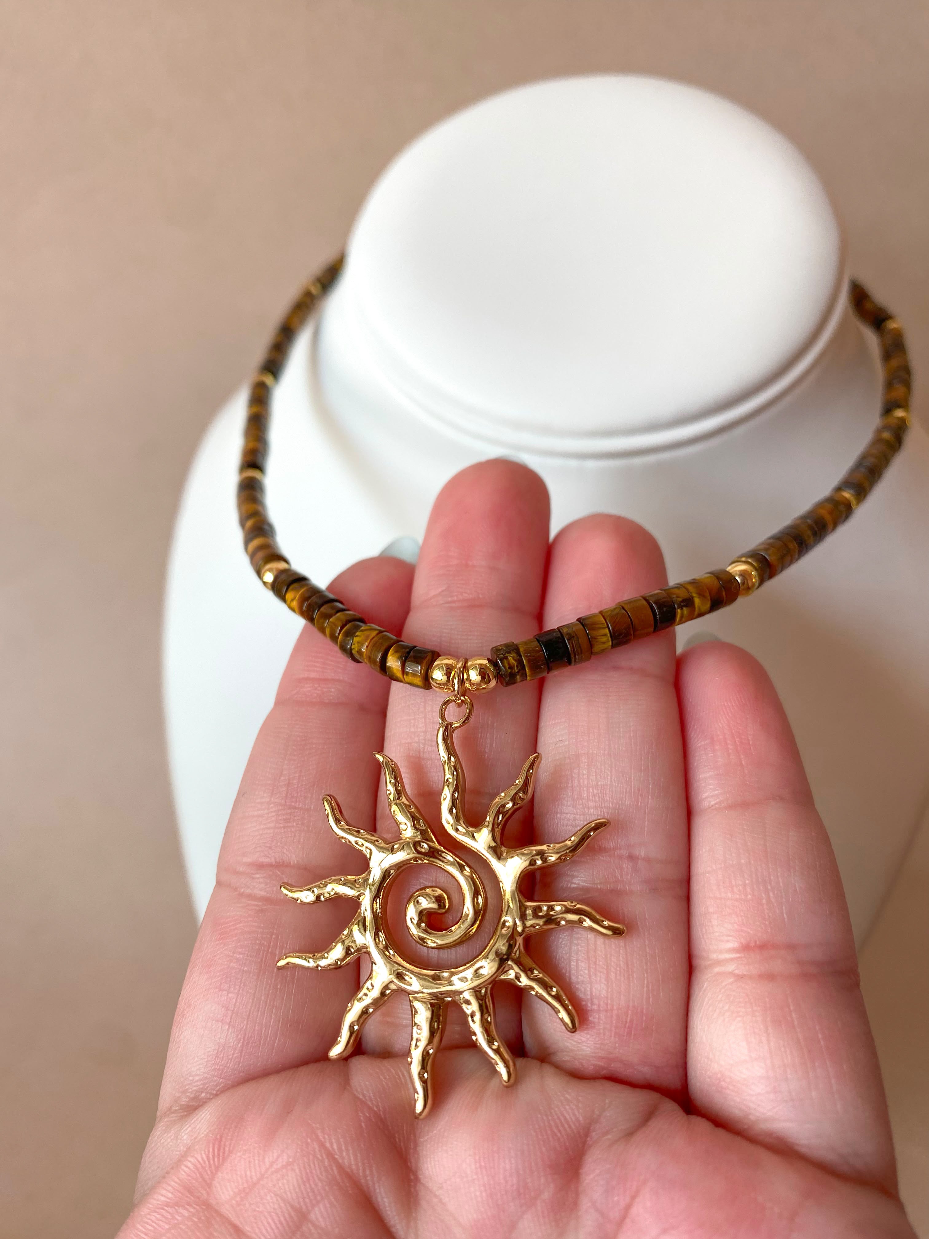 Tiger Eye Gemstone Big Sun Necklace