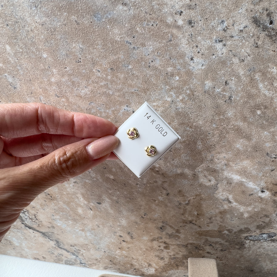 Pink Crystals and Flower Topitos 14K Solid Gold Earrings