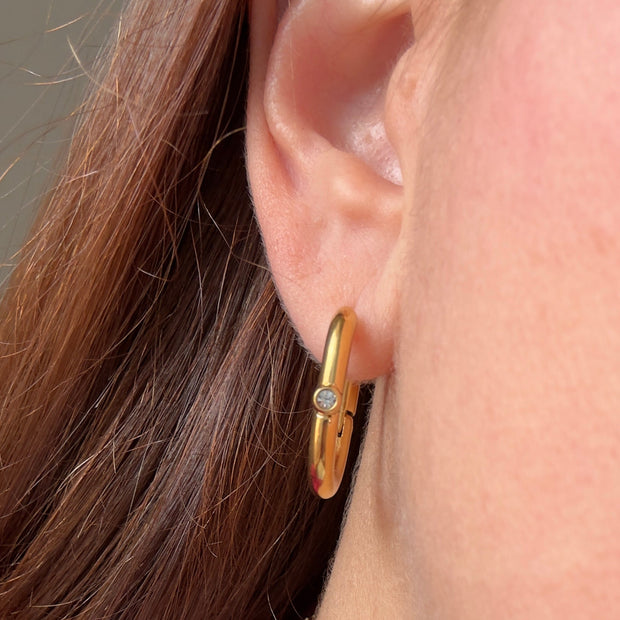 Golden Steel Thick Single Zircon Oval Hoops