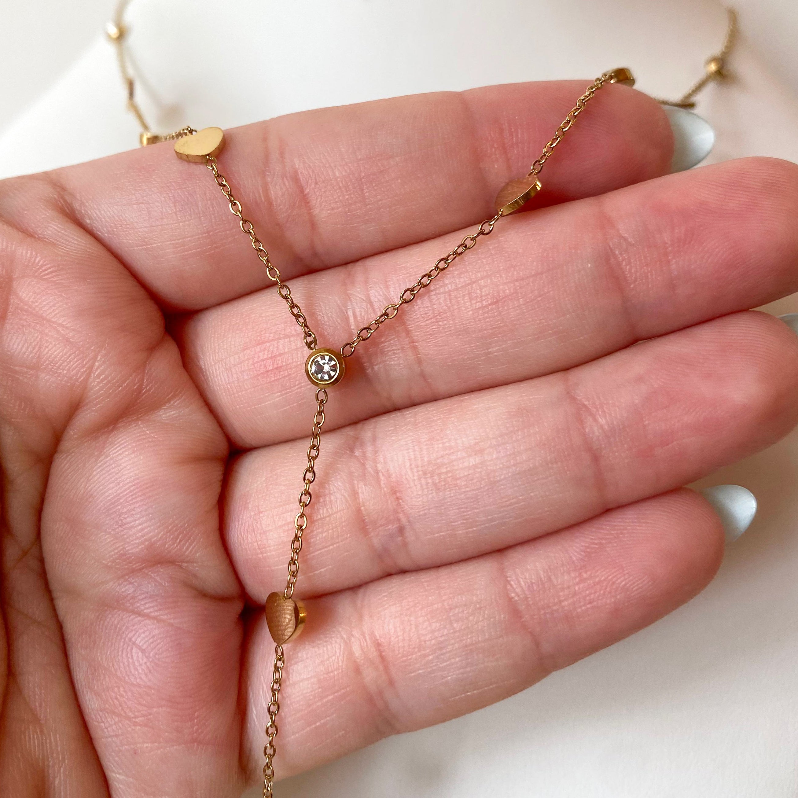 Golden Steel Little Hearts & Zircons Y Necklace